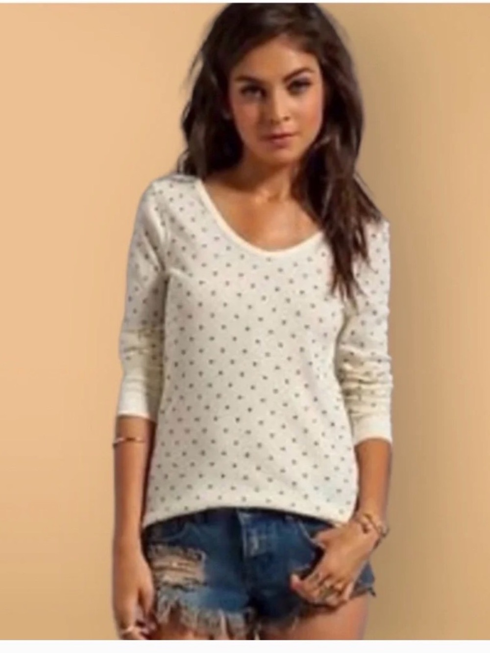 We The Free Cream Polka Dot Henley Thermal Top